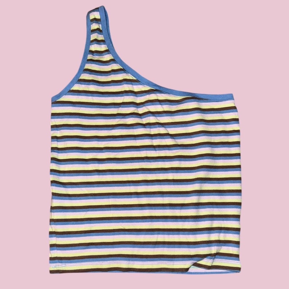 Cotton On Striped One-Shoulder Tank Top - Blue, Yellow, Black, White
